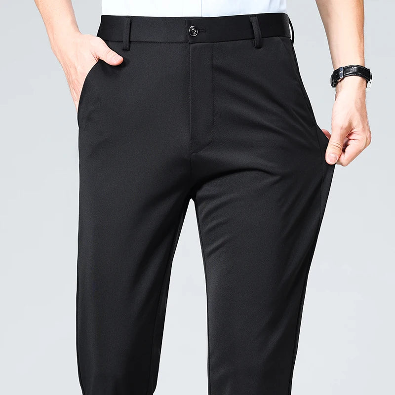 Spring Summer Stretch Smooth Trousers Men Classic Business Elastic Waist Pants Thin Black Gray Blue Casual Suit Pants Male Brand