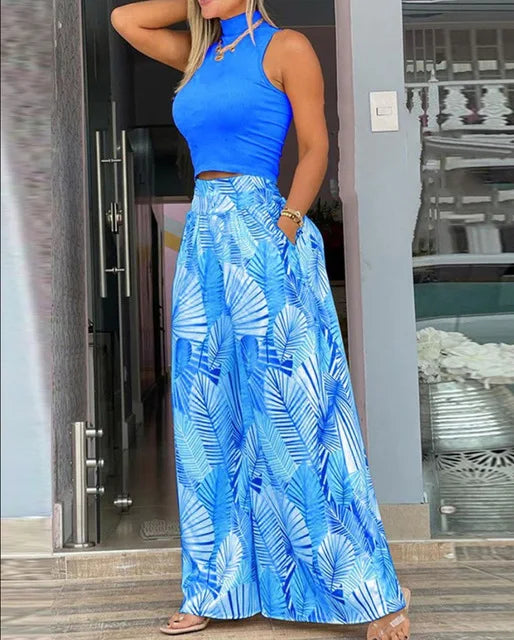 2025 Summer Fashion Printing Two Piece Set Women Casual Solid Sleeveless Tank Top Wide Leg Pants Two Piece Set Women