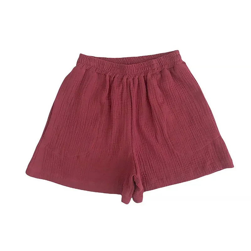 Casual Newly 100% Cotton Gauze Muslin Women'S Summer Shorts Elastic High Waist Wide Leg Sport Beach Shorts With Pockets 2025