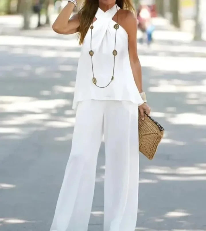 Women Two-Piece Set Halter Sleeveless V-Neck Top & High Waist Pants Set Casual Femme Fashion Loose Outfits for Woman Tracksuit