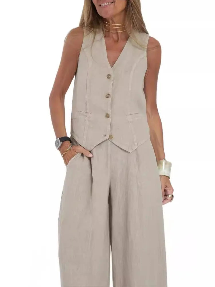 Women's Clothing 2024 Spring Summer New Fashionable Vest Pants Collage Splicing Pure Sleeveless Color Temperament Casual Suit
