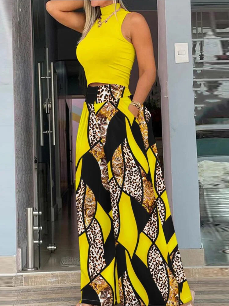 2025 Summer Fashion Printing Two Piece Set Women Casual Solid Sleeveless Tank Top Wide Leg Pants Two Piece Set Women